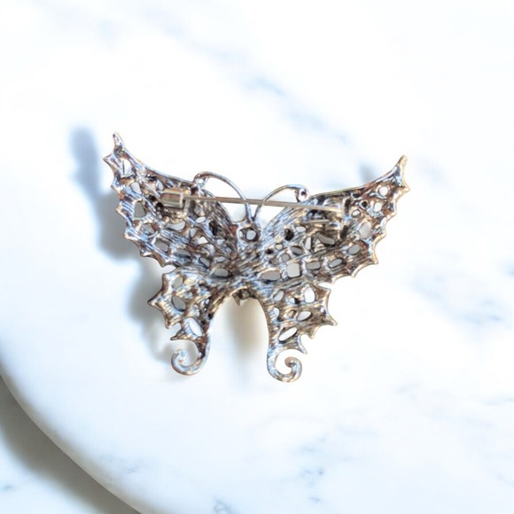 Silver-Tone Black Butterfly Brooch with Glass Gem Accents - Picture 3 of 4